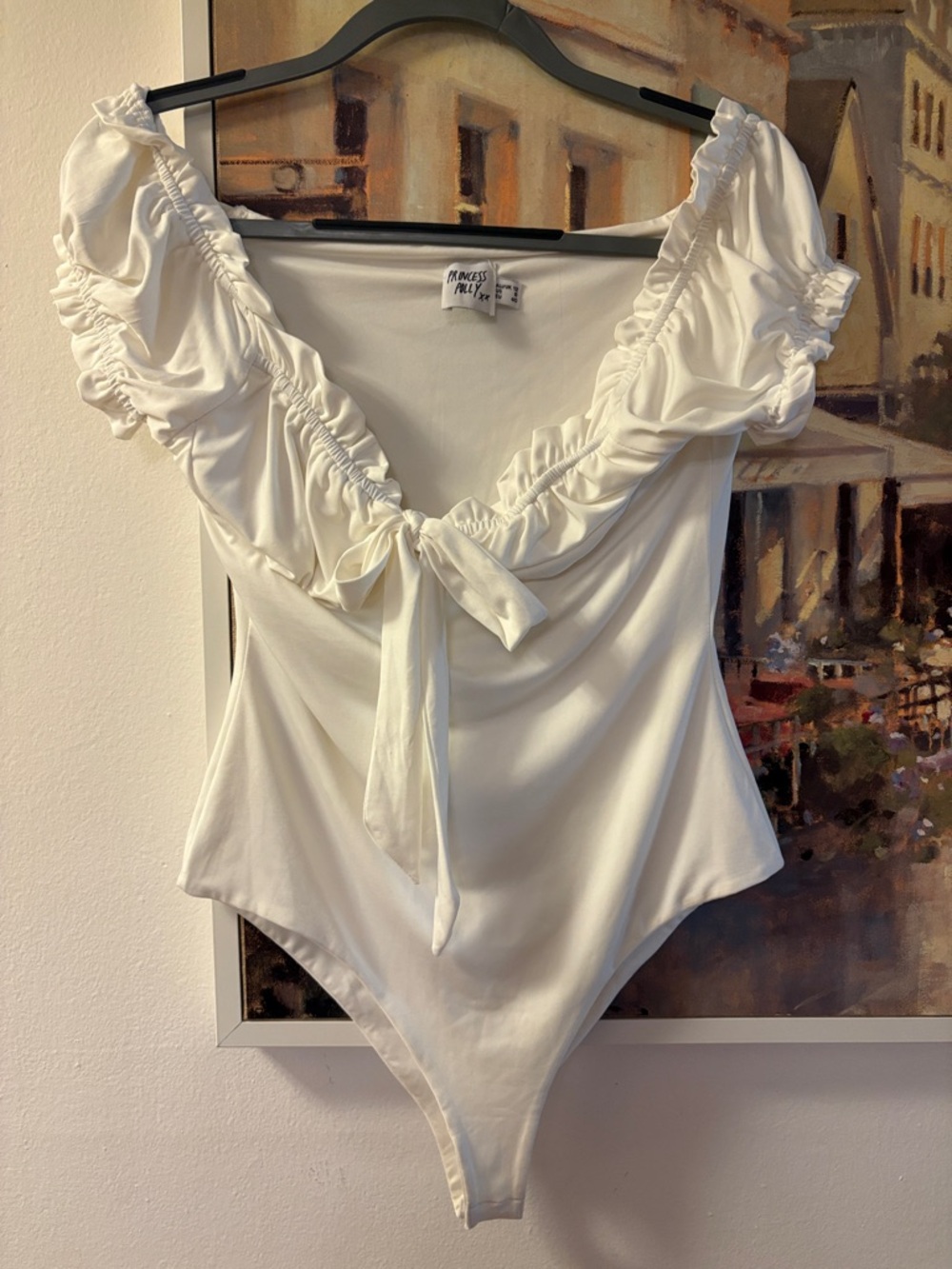 Princess Polly Cream Ruched Tie Front Puff Sleeve Bodysuit Size 8 Coquette - Picture 2 of 5